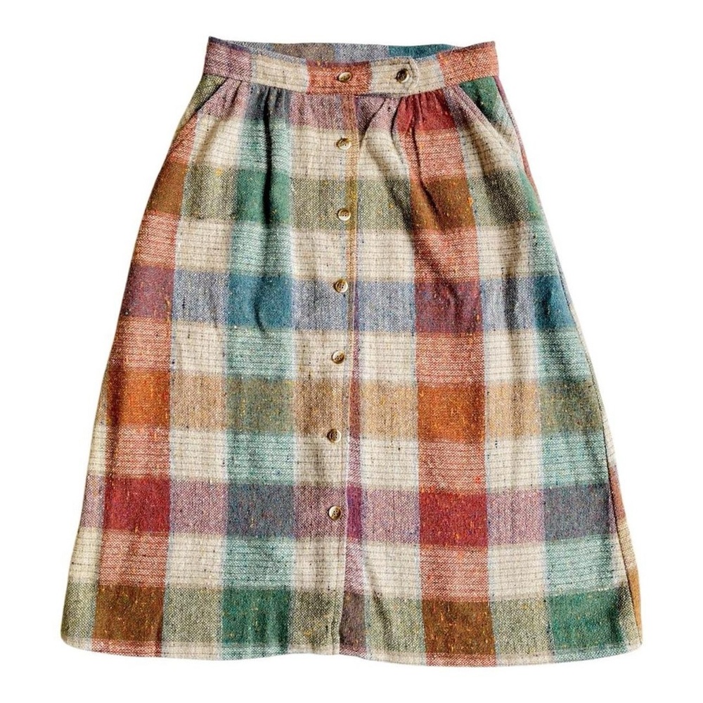 Vintage Plaid Earthy Tones Wool Midi Skirt - Picture 2 of 7